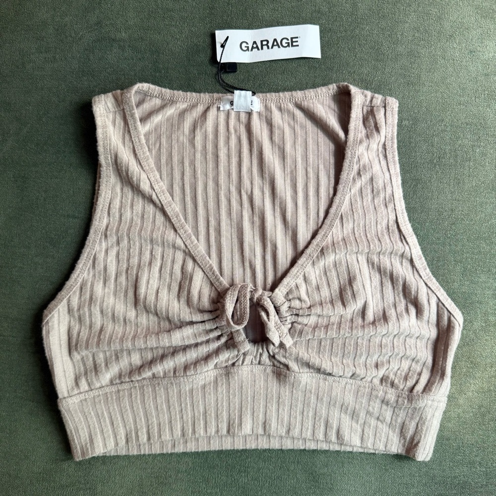 Ribbed Taupe Tie-Front Cropped Top